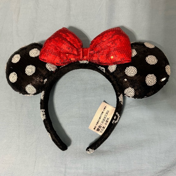 Disney Parks Sequin Minnie Mouse Ears Headband Black White Polka Dot Red Bow - Picture 3 of 3